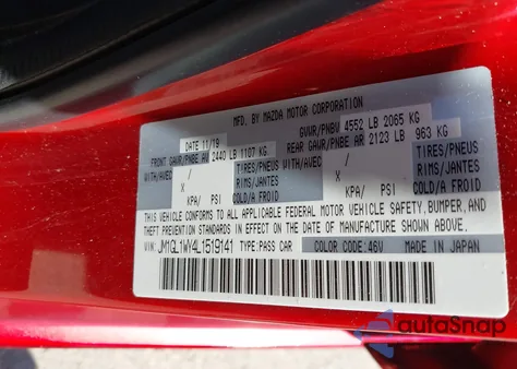 2020 Mazda Mazda6 Grand Touring Reserve from USA, damaged, VIN JM1GL1WY4L1519141